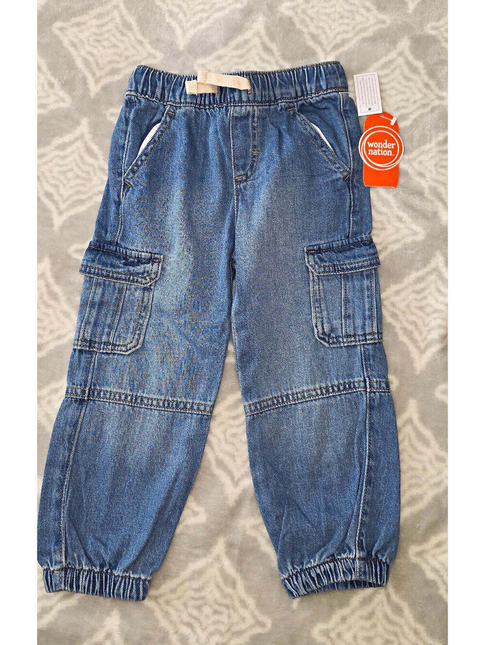 Wonder Nation 3T Blue Solid Denim Cargo Pull-On Pants Drawstring Elastic Pockets